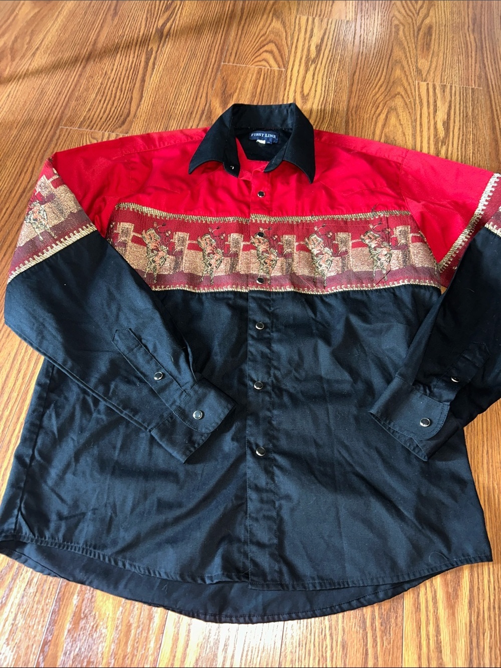 Vintage Pearl Snap First Line Shirt: Red/Black Western Brocade Cowboy Design Men